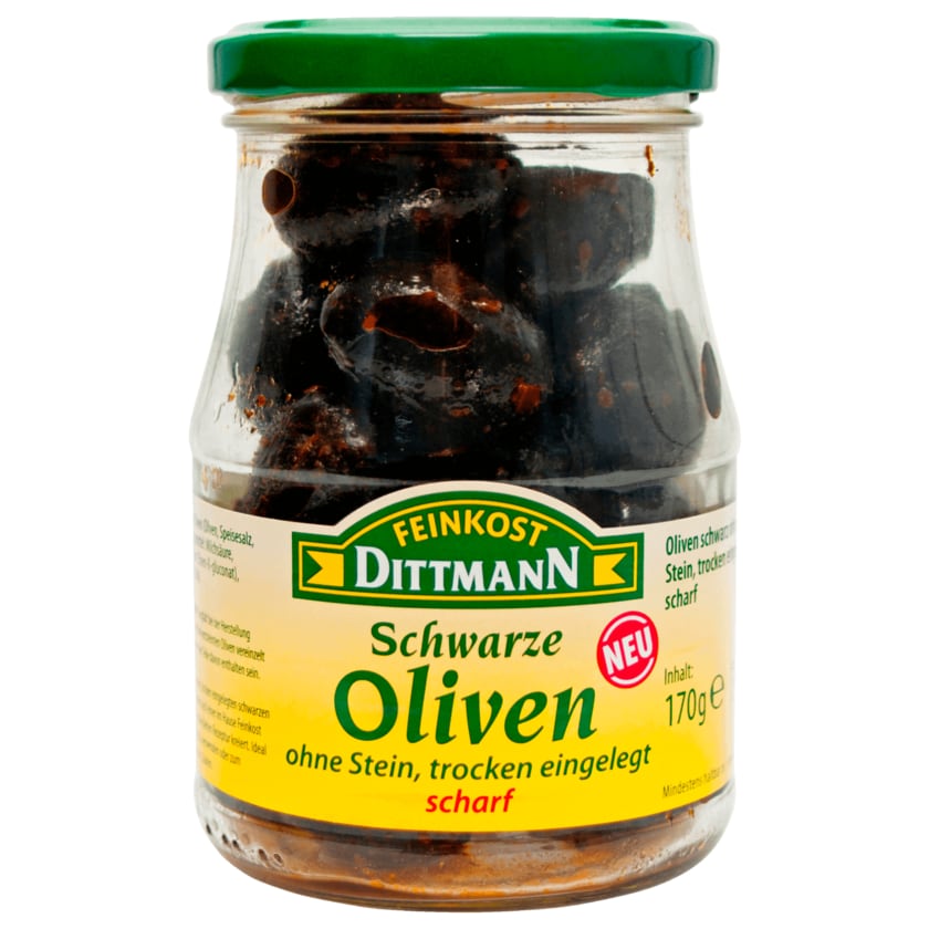 Feinkost Dittmann Oliven schwarz trocken eingelegt & scharf 170g